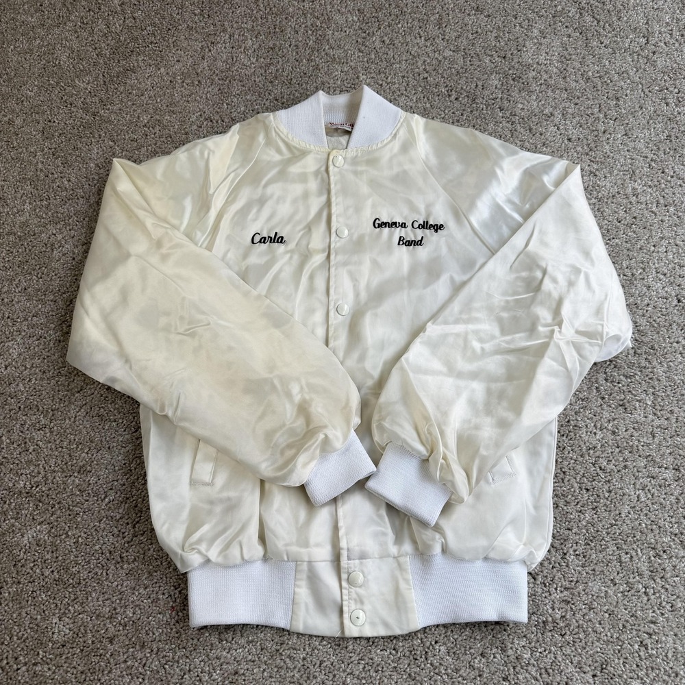 Vintage WearGuard Jacket Womens Medium White Satin Varsity Geneva Marching Band